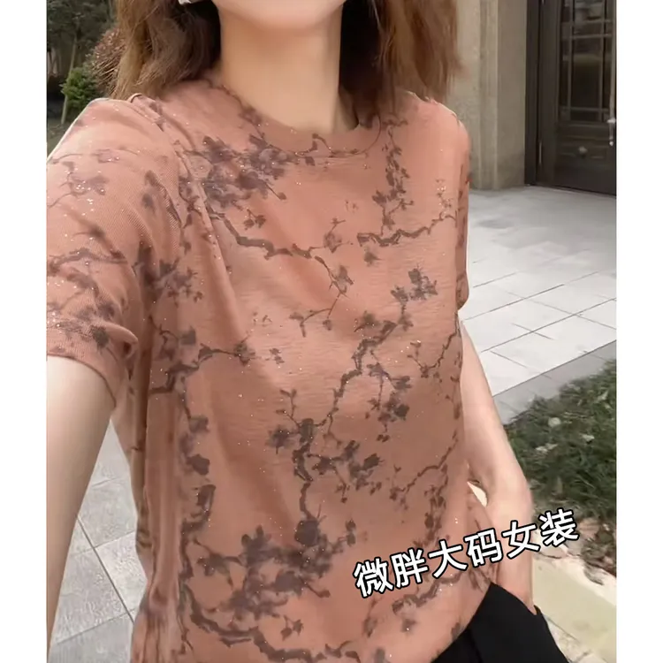 素描花枝百搭别致优雅气质夏季轻薄短袖T恤复古印花圆领上衣1652