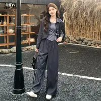 慕兔格子背心衬衫外套直筒裤三件套女2025秋季新款慵懒风休闲套装