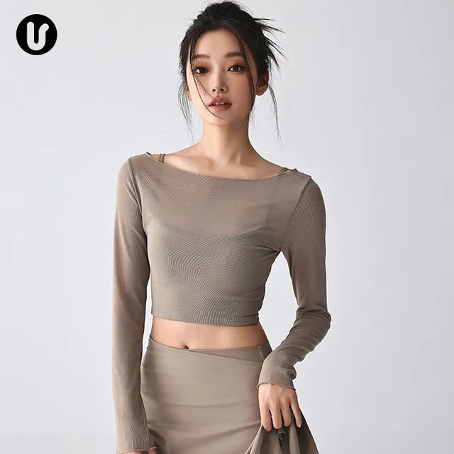 假两件瑜伽服长袖女新款罩衫网纱速干普拉提训练健身运动上衣套装
