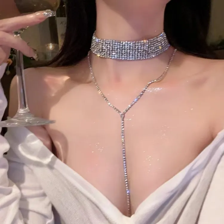 性感纯欲风轻奢满钻多层流苏长款锁骨链时尚精致气质高级感项圈