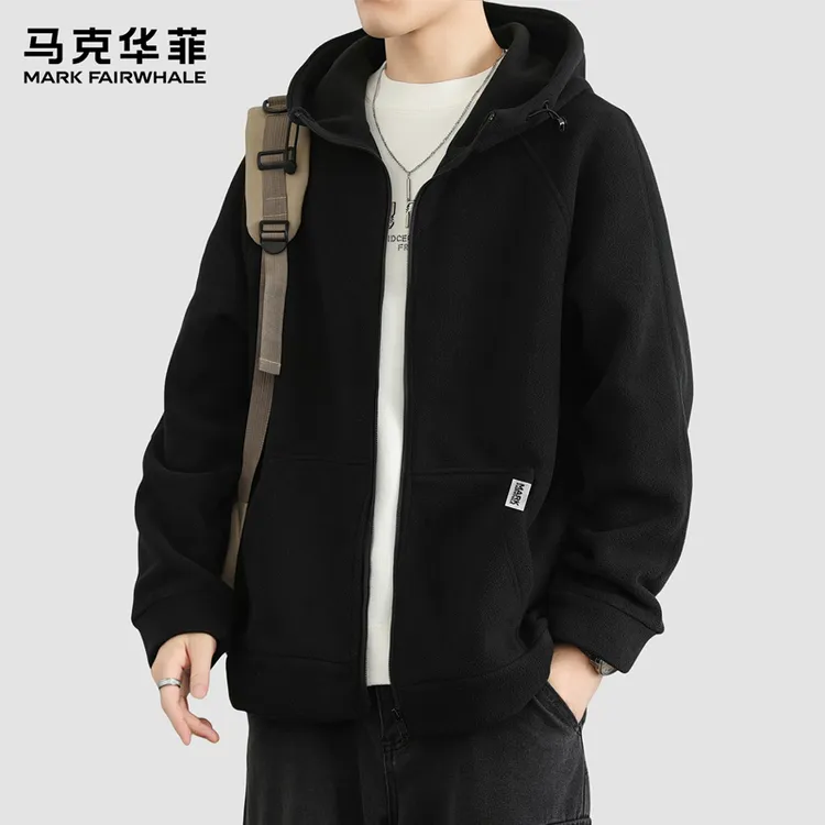 马克华菲摇粒绒夹克男士2025秋冬款宽松黑色连帽开衫休闲卫衣外套