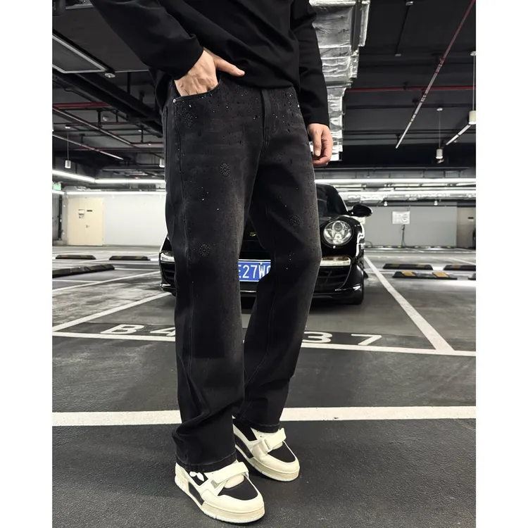 SAM【钻光奢耀】冬季高定CH四面弹徕卡纱线烟灰直筒百搭男士牛仔裤