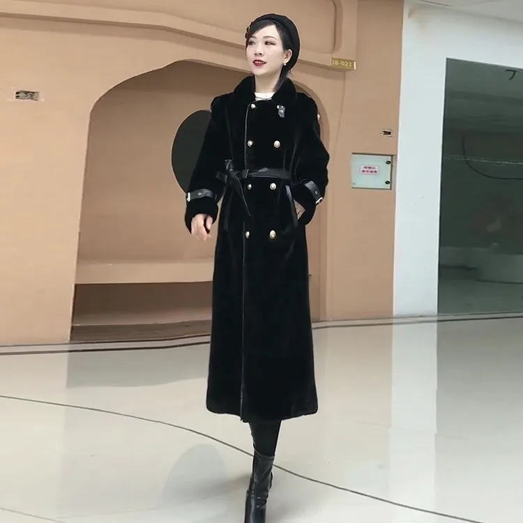 人造皮草 冬季轻奢长款军装风大衣气质加厚毛毛风衣外套女装