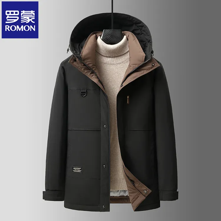 Romon/罗蒙羽绒服男士休闲冬季鸭绒加厚连帽时尚保暖防寒外套