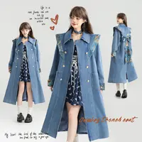 KEIKO 蝴蝶结少女girl 中式云肩牛仔风衣25春季提花拼接长款外套