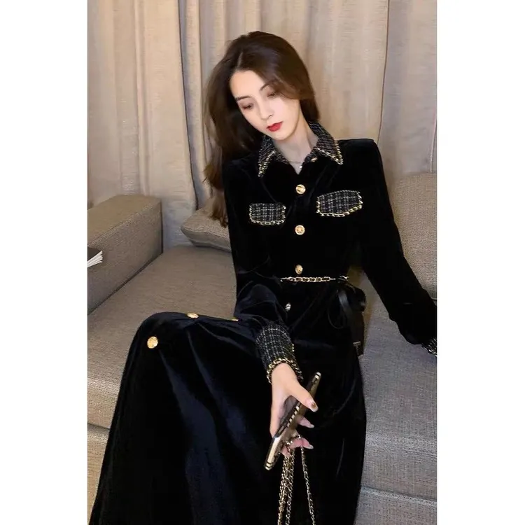 黑色加绒/加厚 名媛气质小香风连衣裙女收腰显瘦长袖高端黑色丝绒