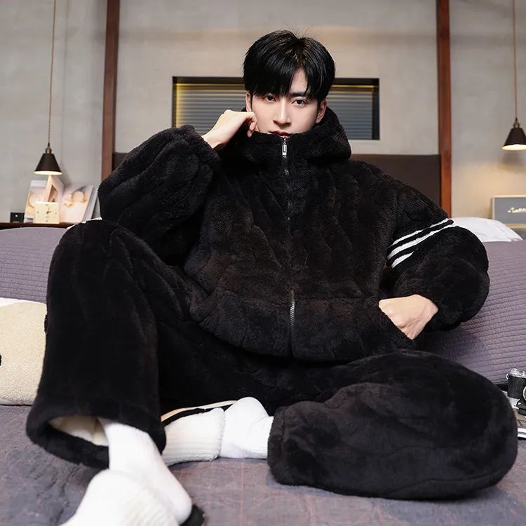 珊瑚绒夹棉睡衣男士冬季三层加厚加绒冬天保暖可外穿男家居服套装