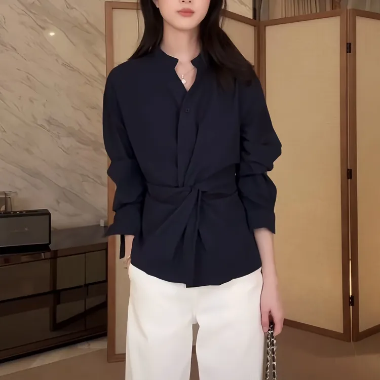 【CORIN YI】柔感莱赛尔长绒棉混纺&扭结设计收腰两穿衬衫