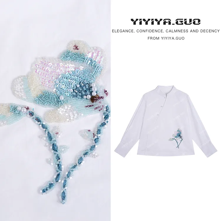 yiyiya.Guo艺艺吖【法绣·白玉兰】百搭立领斜襟钉珠上衣080135SS52