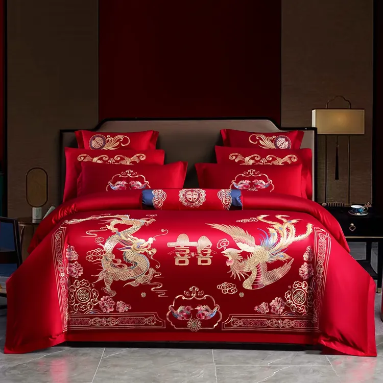 南通全棉系列高端婚庆长绒棉刺绣结婚四件套全棉结婚被套床上用品