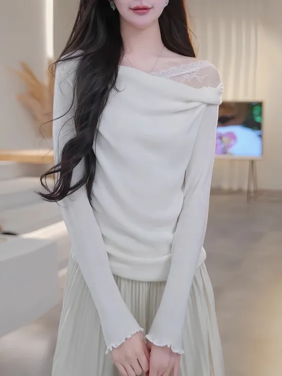 一字肩时尚针织打底衫女秋冬内搭2025新款韩系设计感减龄长袖上衣