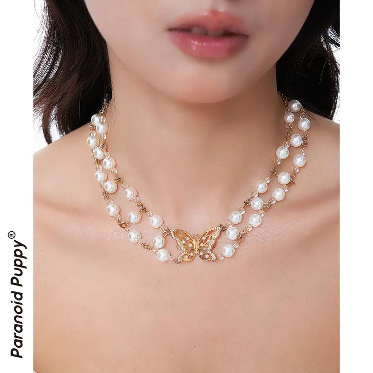 铜合金合成锆石吊坠 饰品 《鎏》法式轻熟古典choker秋冬金色蝴蝶设