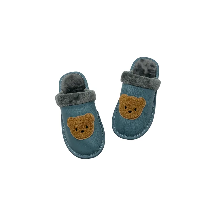 儿童真皮小熊棉拖秋冬毛绒男女冬季居家室内防滑防水宝宝
