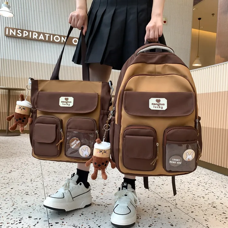 尼龙韩版校园ins书包两件套女大容量旅行包高中生宽肩带双肩包