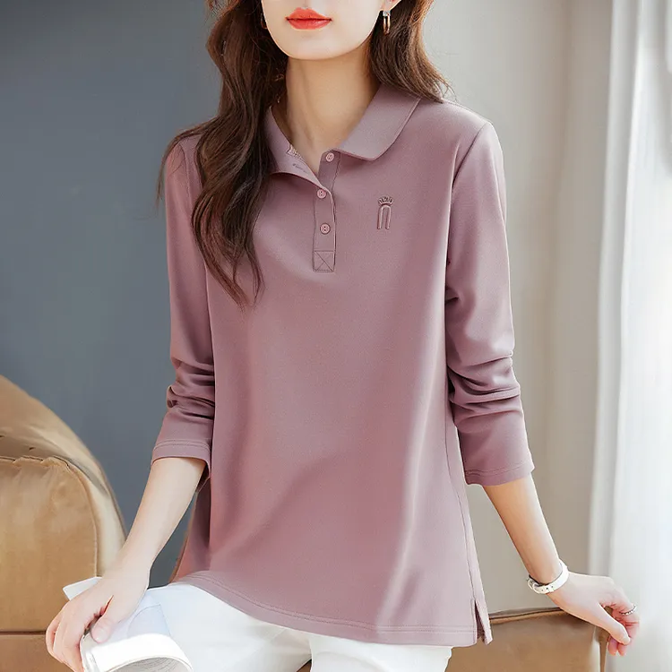 女士polo衫长袖2025秋季新款高级洋气翻领宽松女t恤大码上衣薄款