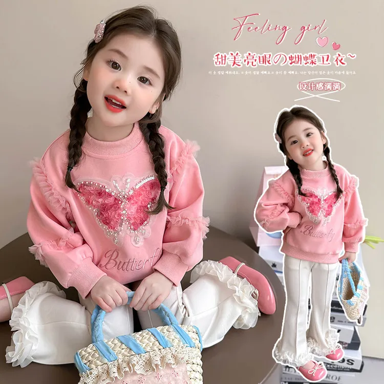 女童卫衣2025新款洋气爆款蝴蝶花边百搭儿童薄款穿搭春秋上衣长袖