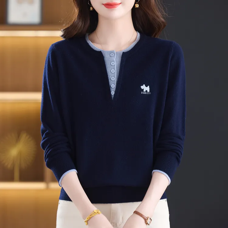 100%纯羊毛衫女款秋冬圆领毛衣显瘦打底衫时尚宽松洋气内搭针织衫