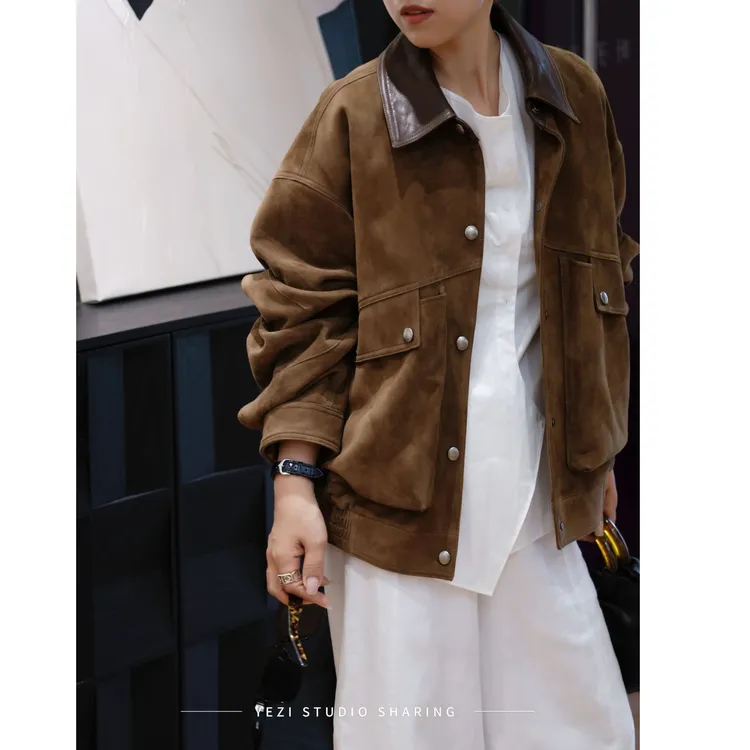 【冒险家】沙特進口柔雾感羊反绒工装风翻领皮衣短外套25224407-618