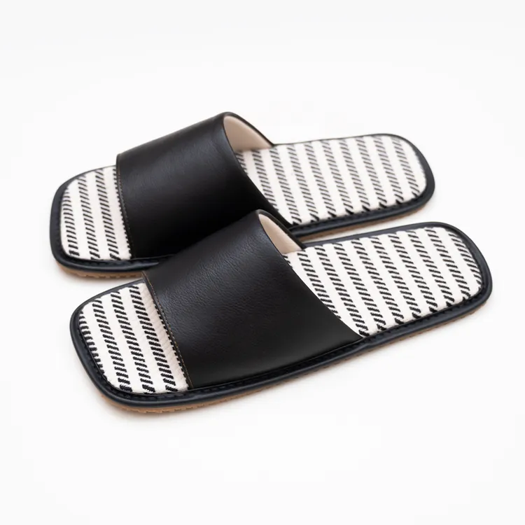 夏季真皮拖鞋女高档牛皮居家简约男软底露趾透气平底201条纹棉麻