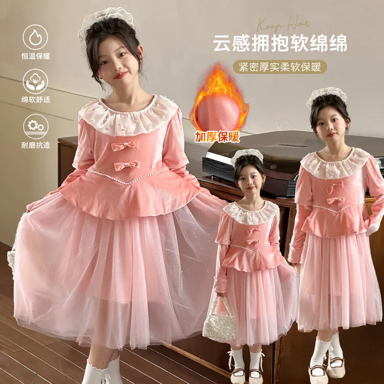 现货【高端】女童秋款时髦洋气精致礼服裙丝绒拼接网纱连衣裙公主裙