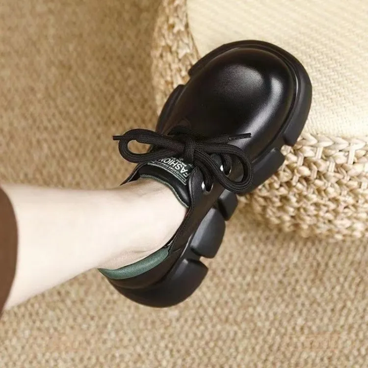 厚底松糕鞋2024春季新款时尚单鞋女系带圆头乐福鞋英伦风休闲皮鞋