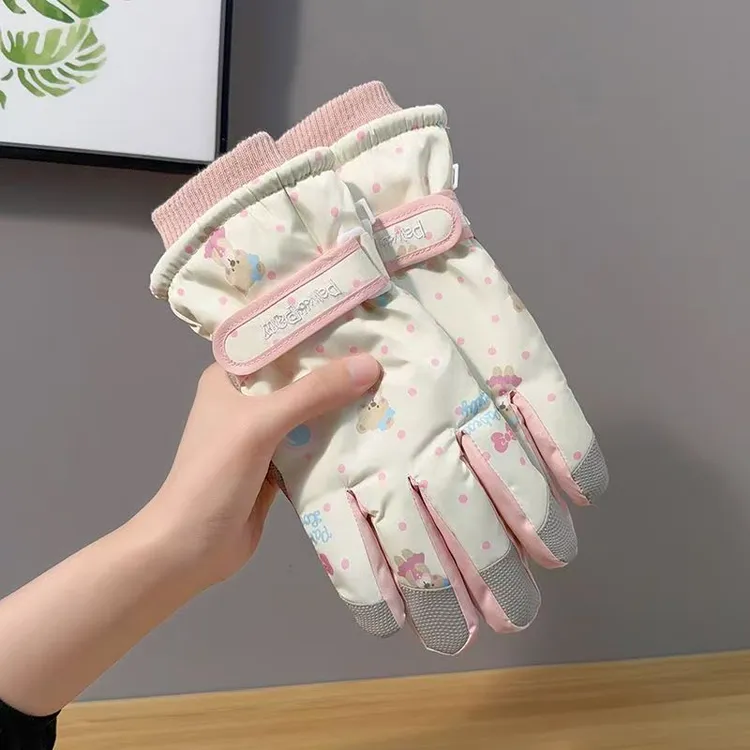 秋冬季小熊滑雪手套女成人加绒加厚保暖防寒可触屏棉手套防风防水