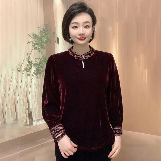 高贵洋气妈妈金丝绒上衣女2025秋冬新款复古气质立领刺绣打底小衫