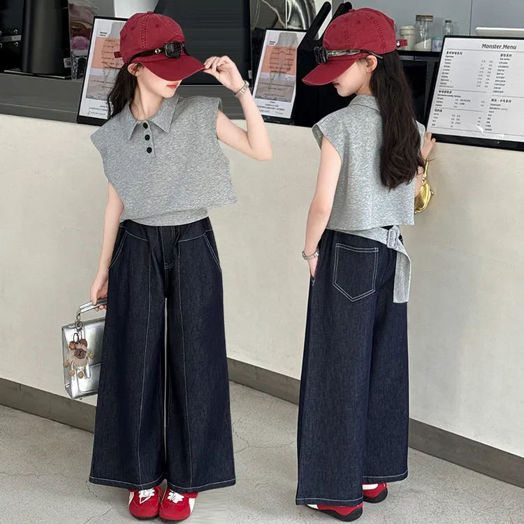 夏季女童时尚坎肩POLO衫2025新款中大儿童6-8-15岁薄款牛仔阔腿裤