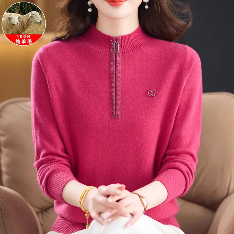 妈妈羊毛衫女100%纯羊毛半高领套头毛衣中老年新款秋冬宽松打底衫