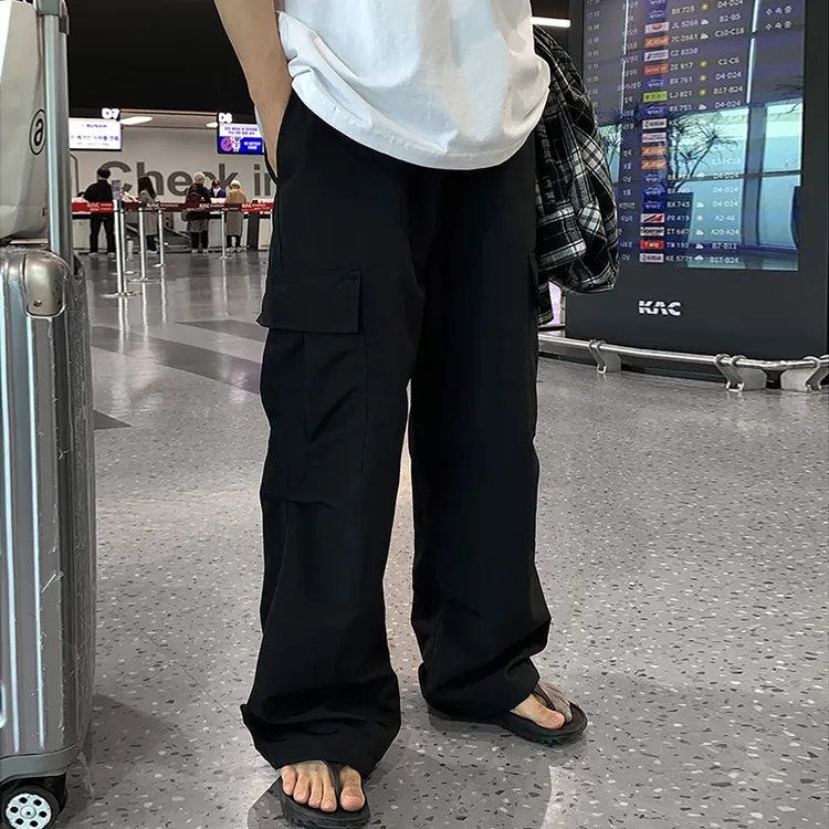 ascloqiao美式复古纯色工装裤速干裤潮牌宽松直筒休闲裤皮筋腰