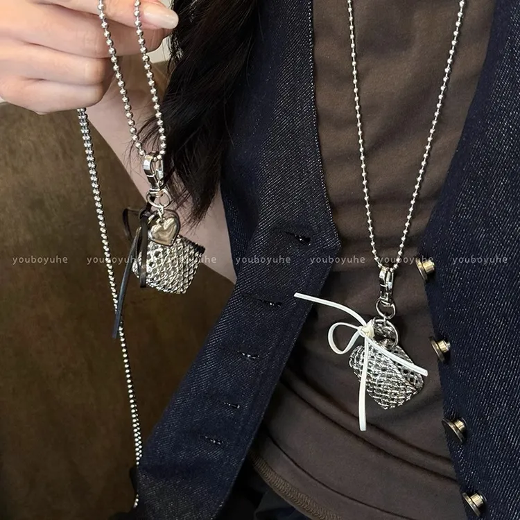 铜合金项链 银色编织爱心包包项链女ins小众斜挎卫衣链锁骨链配饰
