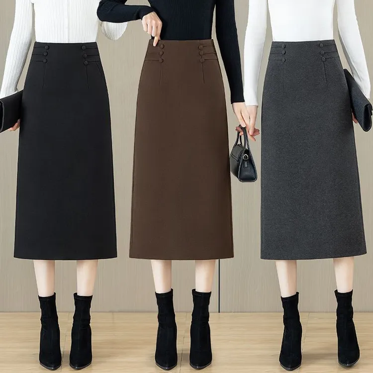 时尚直筒毛呢半身裙中长款秋冬新款修身显瘦开叉a字一步包臀裙子