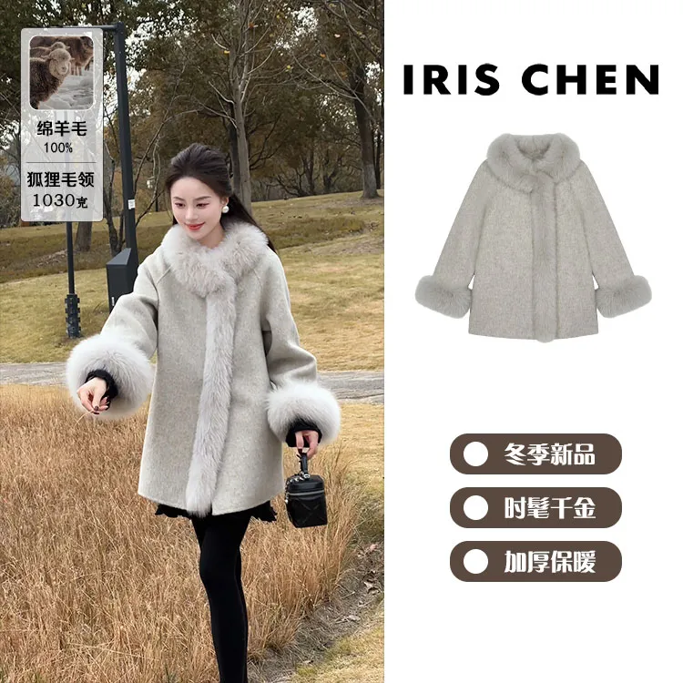 IRIS CHEN 千金裘 25冬“100羊毛1030g”狐狸毛双面呢大衣25WT1172