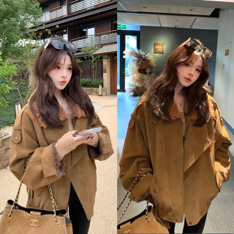 巨好看的冬季新款老钱风毛绒绒翻领短外套女加厚保暖夹克上衣