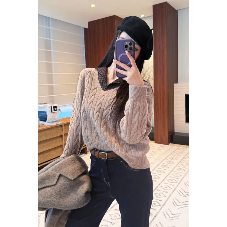 菠萝宝宝yuna【闲度时光】100绵羊毛绞花麻花假两件套头针织衫YK22