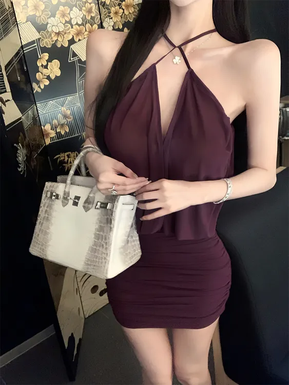 黑加仑紫 纯欲风辣妹性感网纱挂脖抽褶连衣裙修身显瘦包臀短裙女