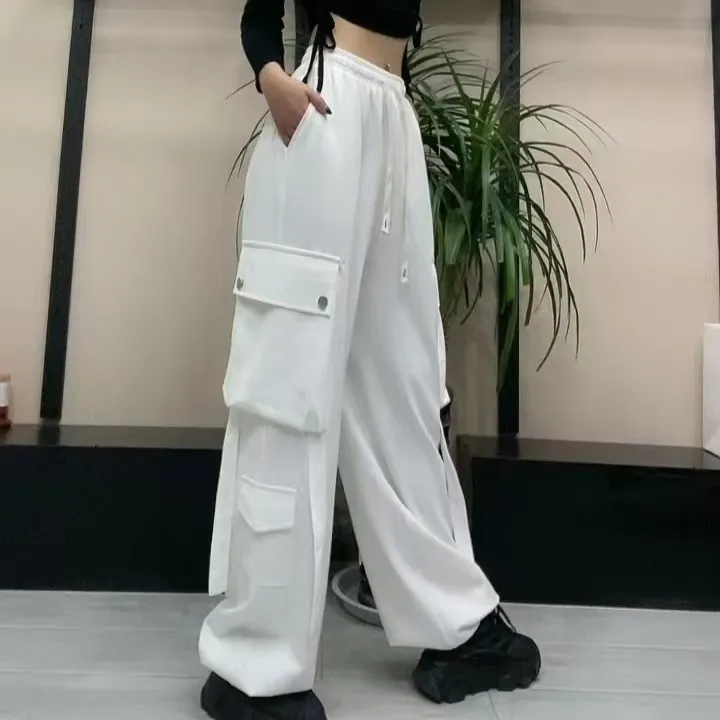 工装裤街头风工装风微弹力白色休闲裤抽绳时尚直筒长裤工装裤女夏