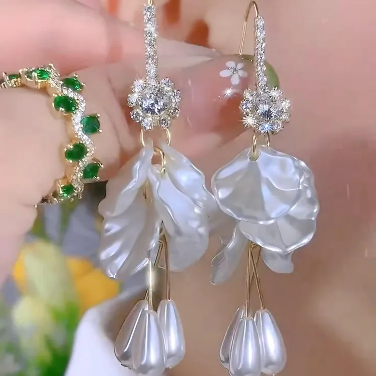 925银耳饰 防过敏法式超仙镶精致仿珍珠花朵流苏耳环长款轻奢气质