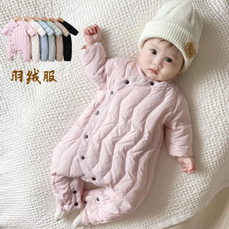 冬季羽绒连身衣新生儿保暖哈衣男女宝宝白鸭绒加绒外出服婴儿爬服