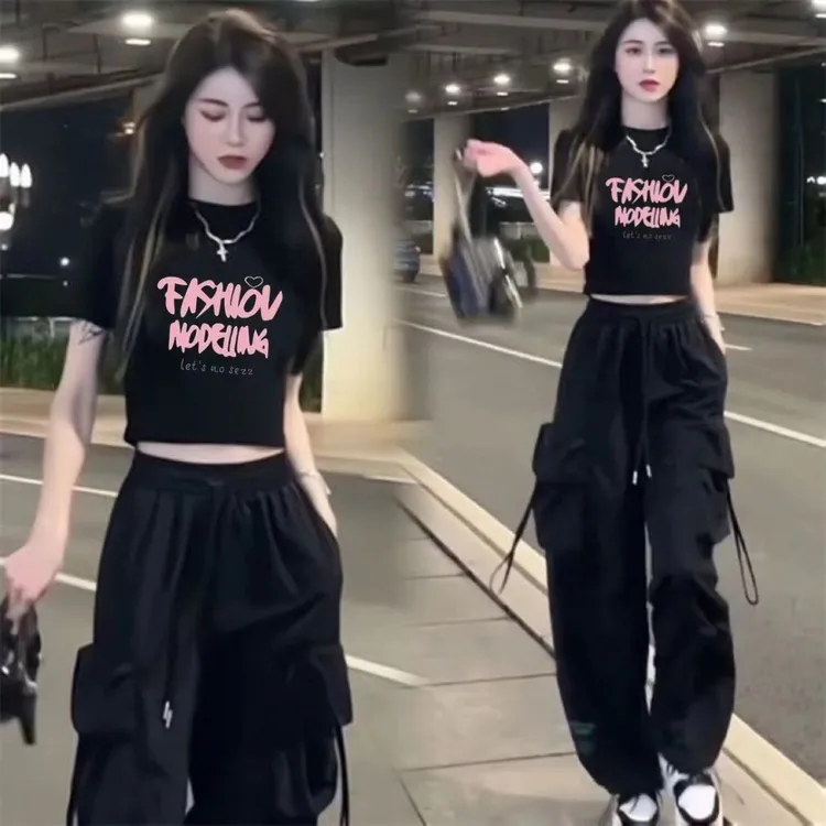 小个子夏季2025辣妹套装短袖套装女恤蝴蝶新款印花工装裤两件套