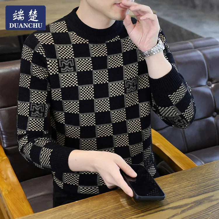 2025秋冬季男士毛衣圆领格子针织打底衫韩版潮流修身加厚打底衫