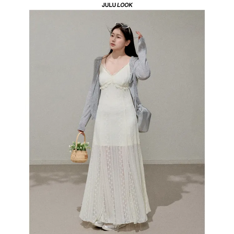 巨鹿工作室“起舞弄清影”微胖mm法式气质V领吊带裙/开衫大码套装