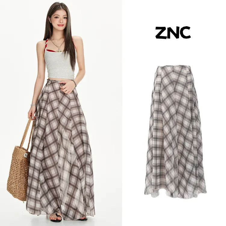 哲娜纯复古不规则高级感棕色格纹半身裙夏季气质网纱a字宽松长裙