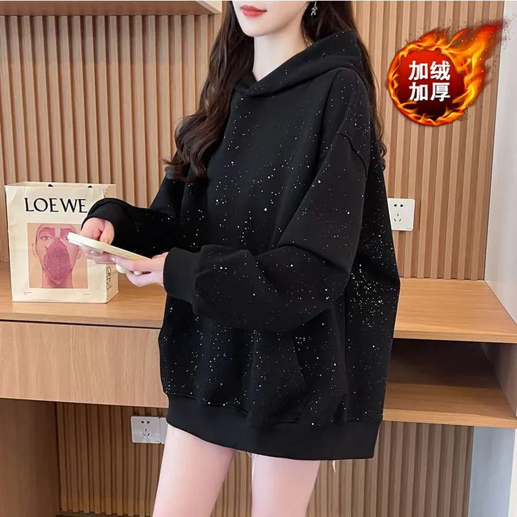 亮闪闪亮片设计感小众连帽冬季加绒加厚卫衣女秋冬季带兜百搭上衣