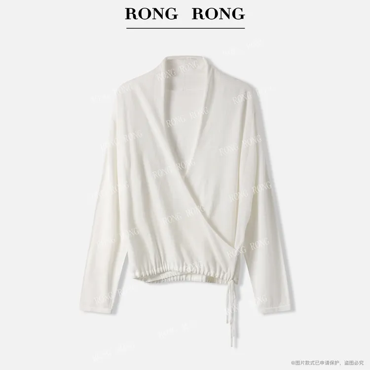 溶溶【流光白茶】RONGRONG 绵羊毛混纺V领叠穿老钱风针织开衫WH8092