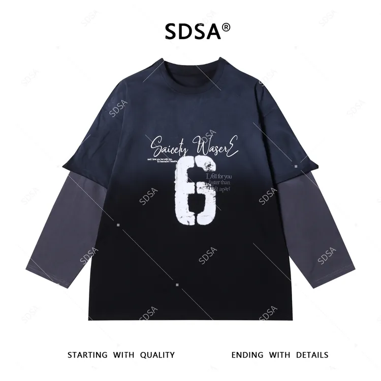 SDSA男士秋冬新款轻奢痞帅男装撞色数字字母印花假两件长袖T恤潮