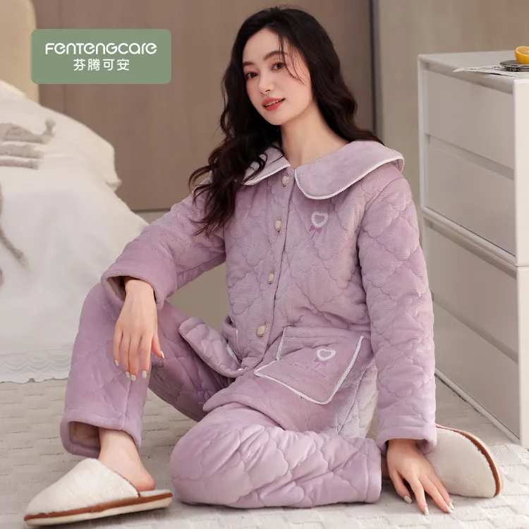 芬腾可安睡衣女冬季三层加厚夹棉抗静电珊瑚绒外穿大码家居服套装