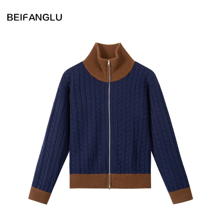 北方鹿【M*系复古绞花开衫】100%绵羊毛撞色翻领拉链针织外套251551