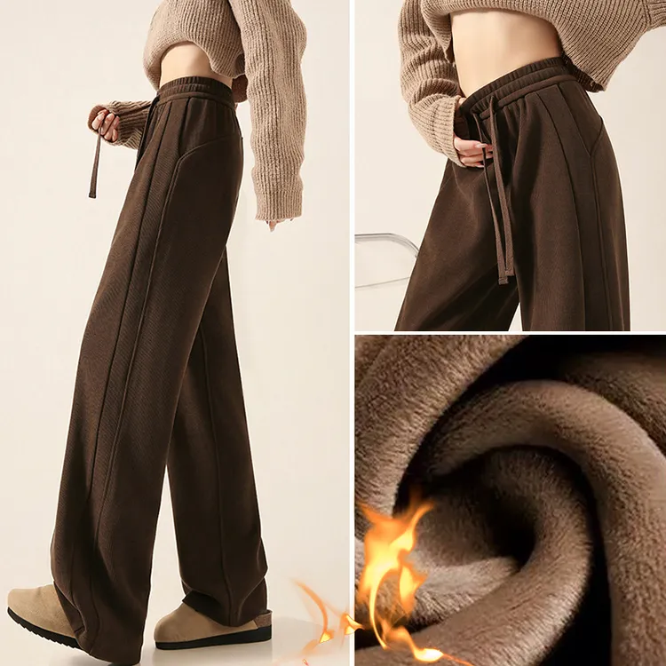 美拉德咖色阔腿裤女2025新款秋冬加绒高腰垂感小个子雪尼尔直筒裤