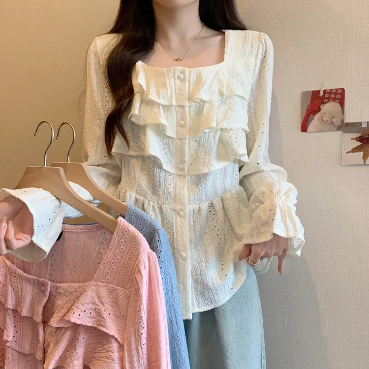 清62006大码女胖mm2025秋季新款拼接荷叶边上衣遮肉显瘦衬衣小衫